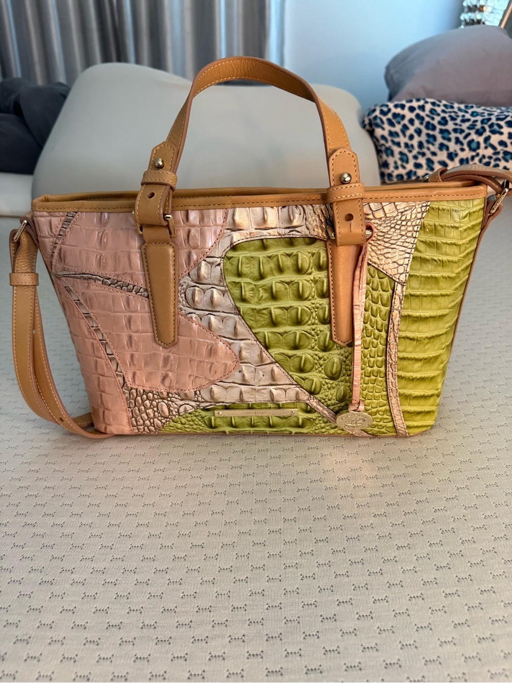 Brahmin Croc-Embossed Patchwork Satchel in Pink, Green & Tan